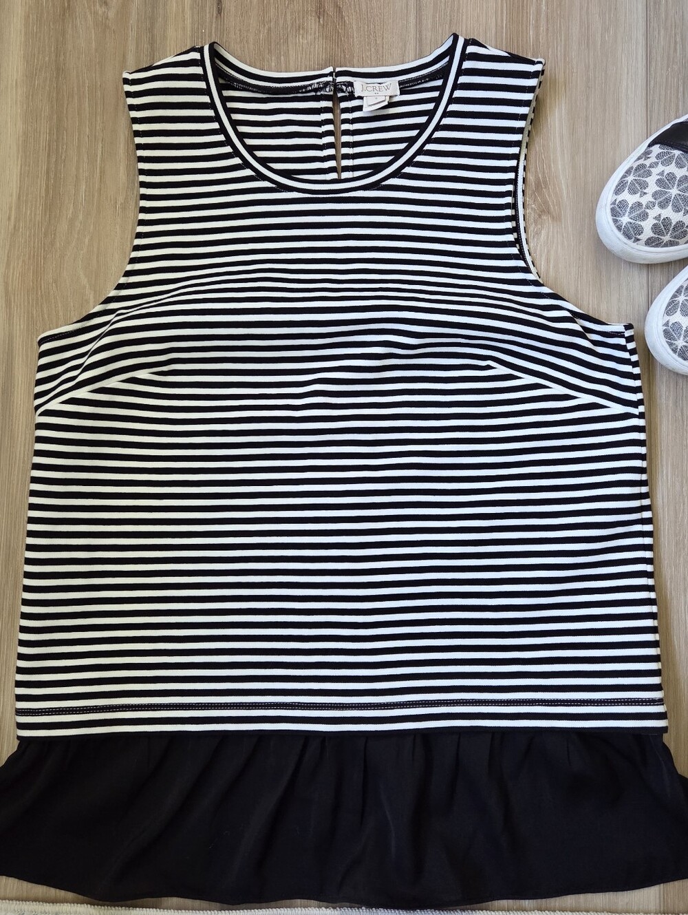J. Crew Black and White Striped Sleeveless Ruffle-Hem Tank
